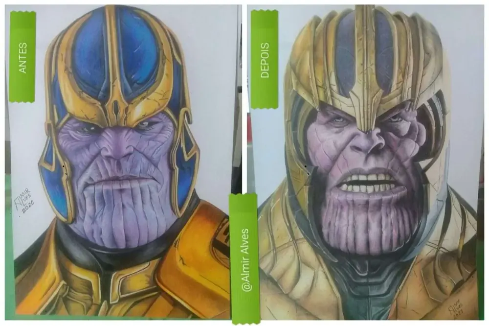 Antes e depois de um aluno: o rosto do Thanos e, depois, o Thanos com mais textura e detalhe