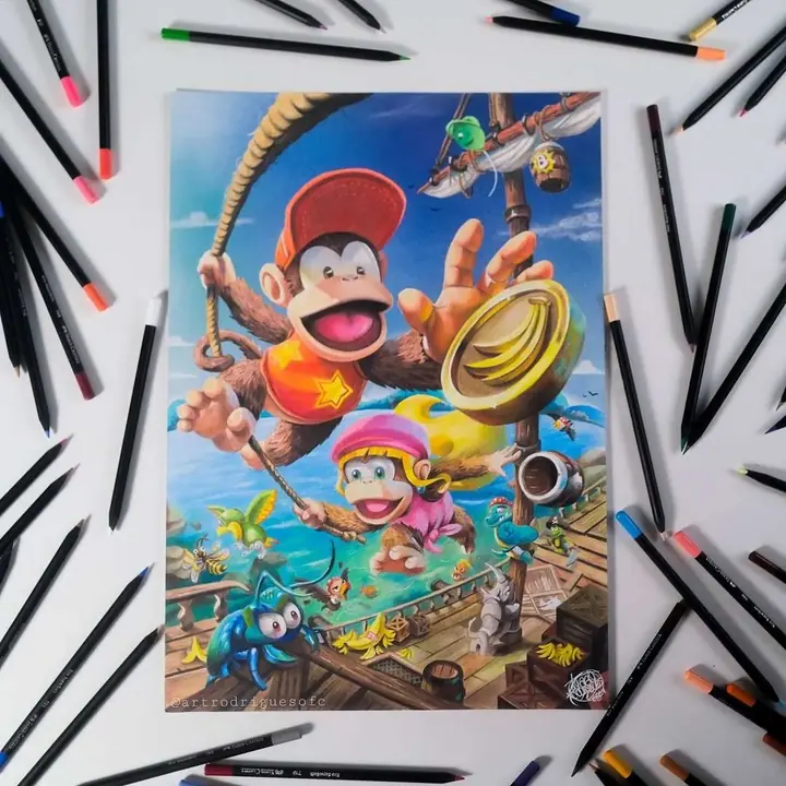 Desenho colorido de Diddy Kong e Dixie Kong em um navio, com lápis espalhados ao redor