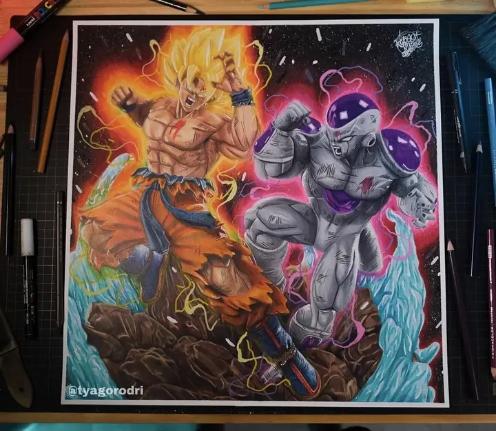 Desenho do Goku e do Freeza em combate, com cores intensas e água ao fundo